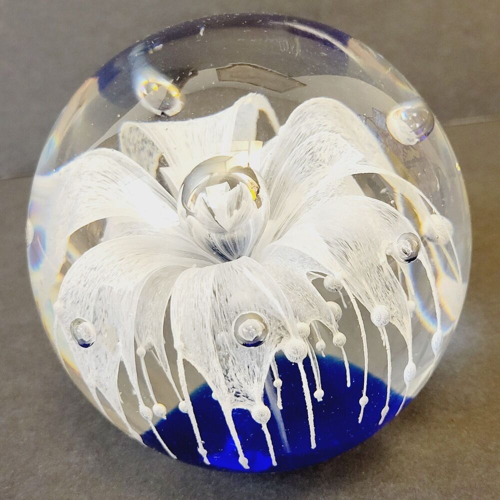 Vintage Art Glass Hand Blown Paperweight White Flower Cobalt Blue Base Bubbles